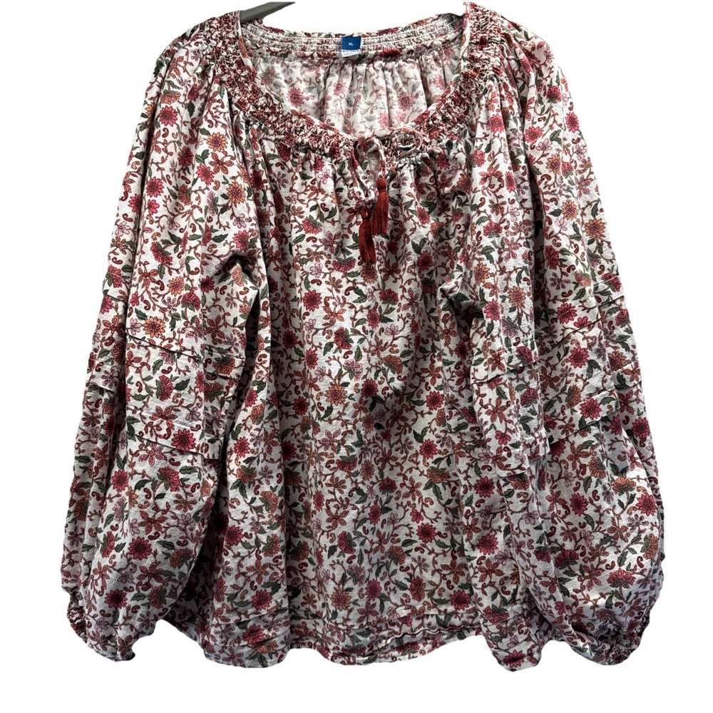Old Navy Women's Top Size XL Red White Floral Bohemian Tasseled Long Balloon Slv